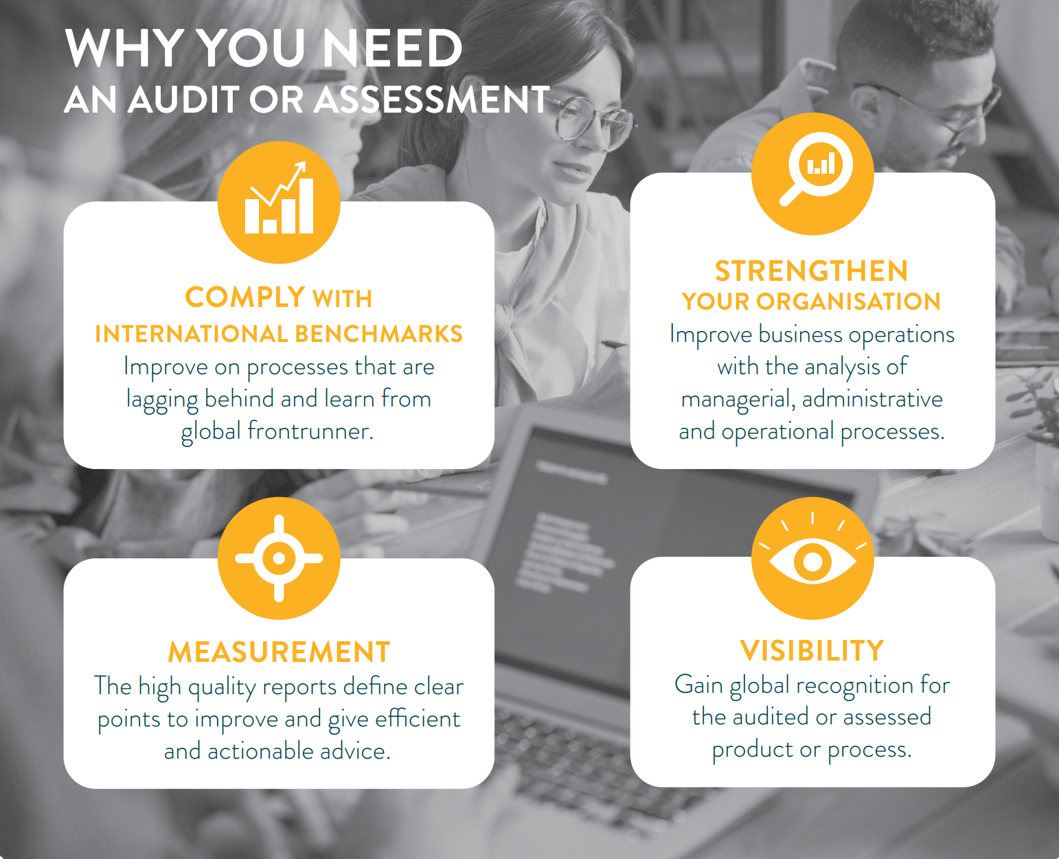 Why you need an audit or assessment, 1. Comply with International Benchmarks and improve on processes that are lagging behind and learn from global frontrunner. 2. Strengthen your organisation and improve business operations with the analysis of managerial, administrative and operational processes. 3. Measurement, the high quality reports define clear points to improve and give efficient and actionable advice. 4. Visibility and gain global recognition for the audited or assessed product or process.